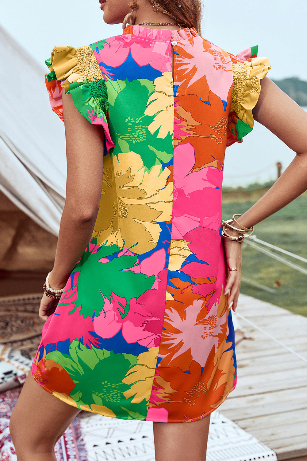 Blue Bold Floral Flutter Sleeve Shift Mini Dress with Pockets eAura