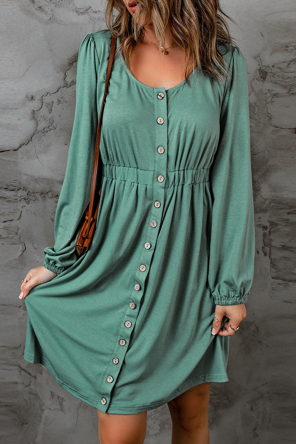 Green Button Up High Waist Long Sleeve Dress eAura