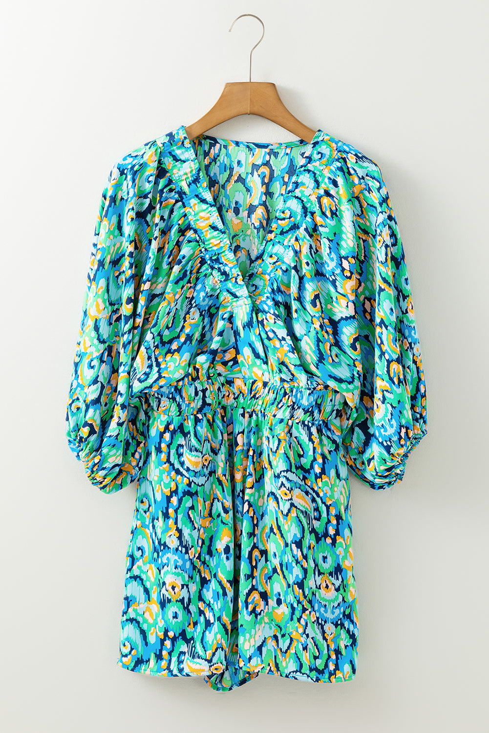 Green Abstract Print Puff Sleeve V Neck High Waist Romper eAura
