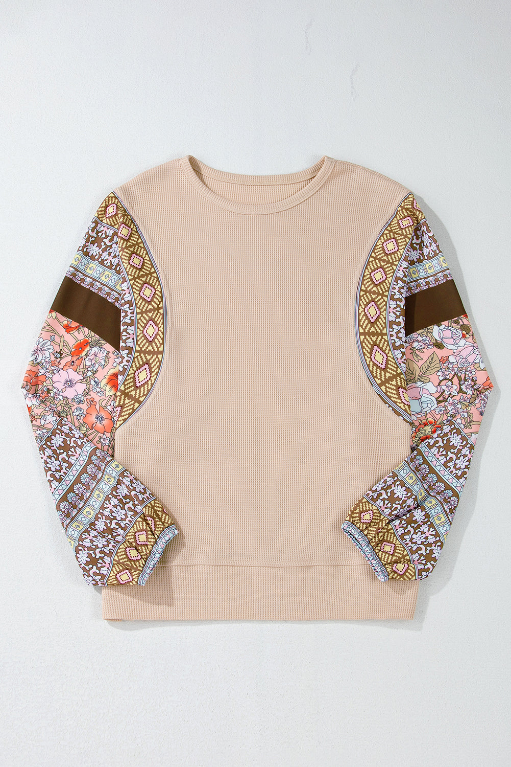 Parchment Contrast Floral Patchwork Puff Sleeve Waffle Knit Top eAura