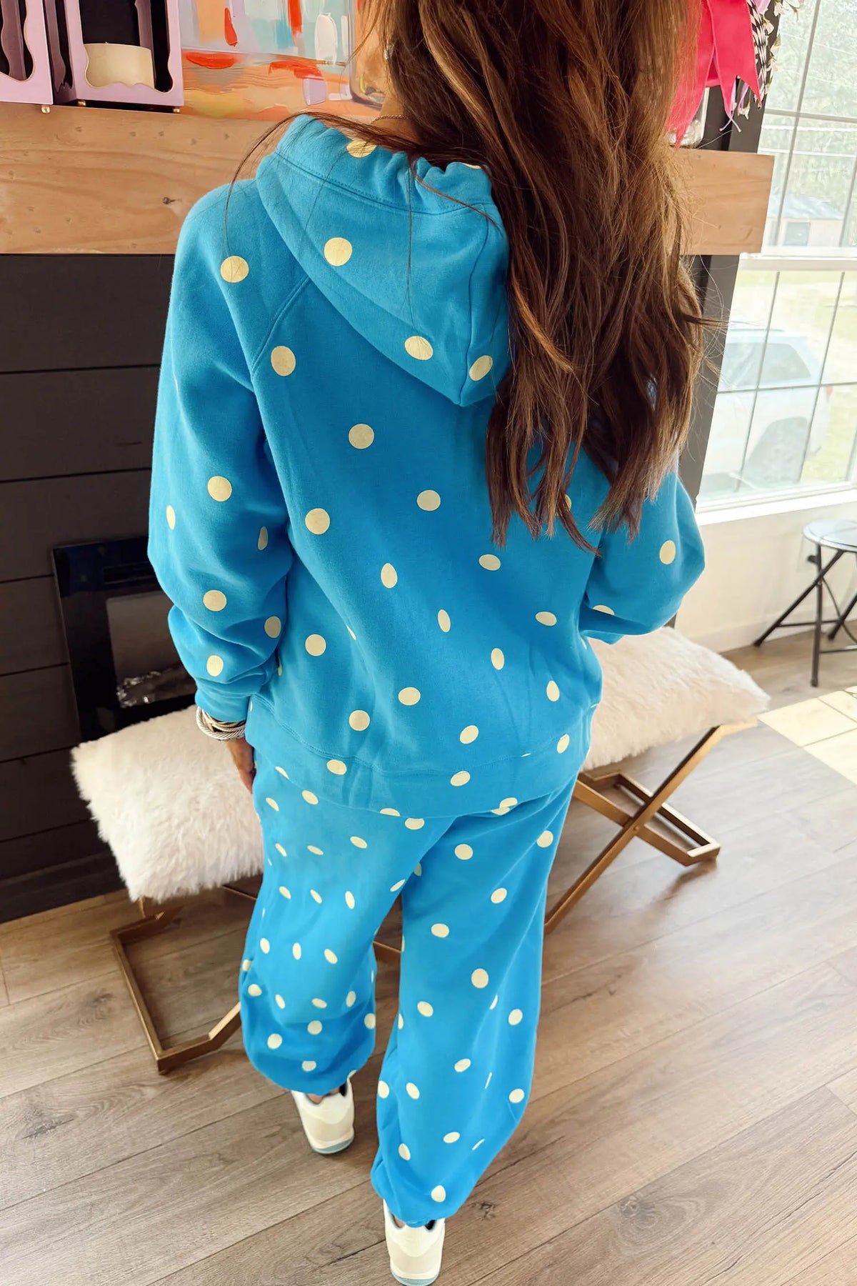 Polka Dot Hooded Drawstring Long Sleeve Plus Size Set – Blue