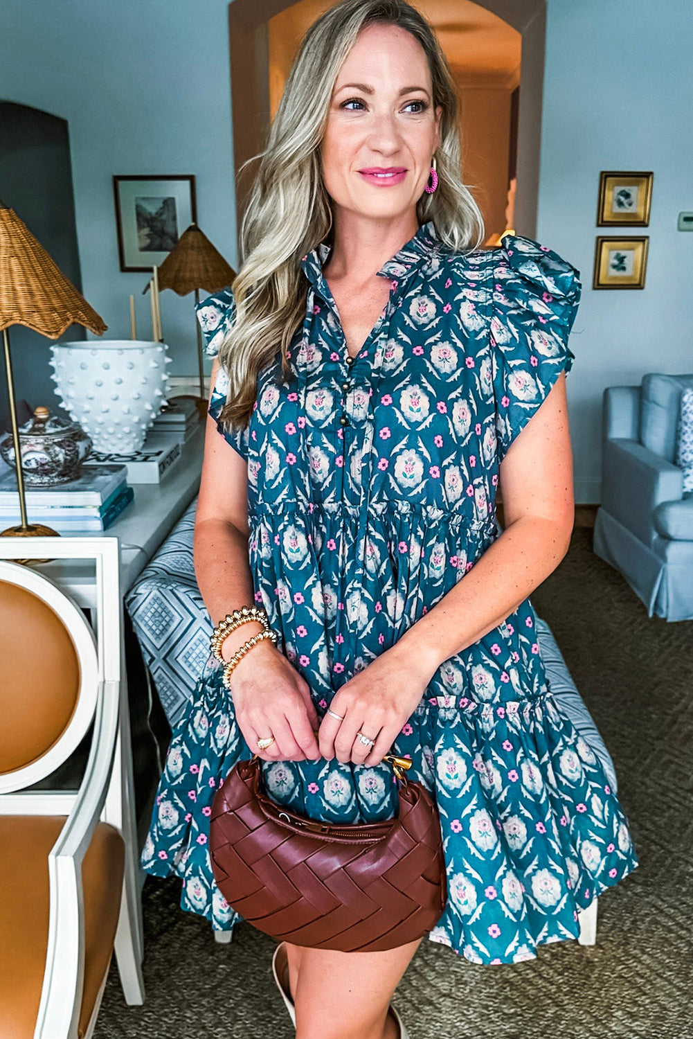 Blue Retro Floral Print Split Neck Ruffle Short Sleeve Dress eAura