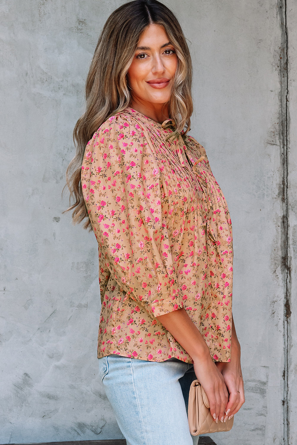 Floral Print Bow Pintuck Bust Half Puff Sleeve Blouse eAura