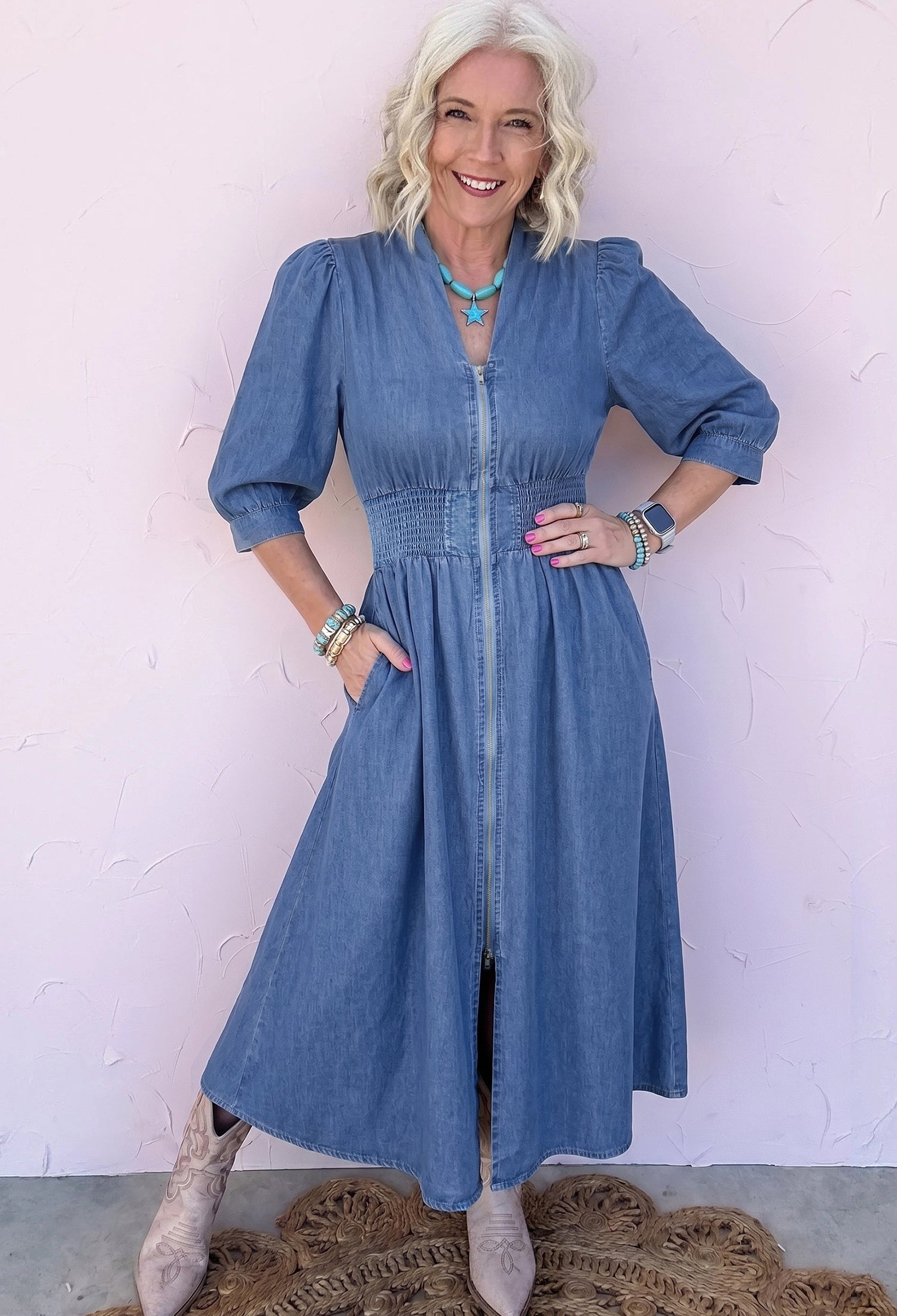 V Neck Shirred Waist Metal Zipper Denim Midi Dress – Blue
