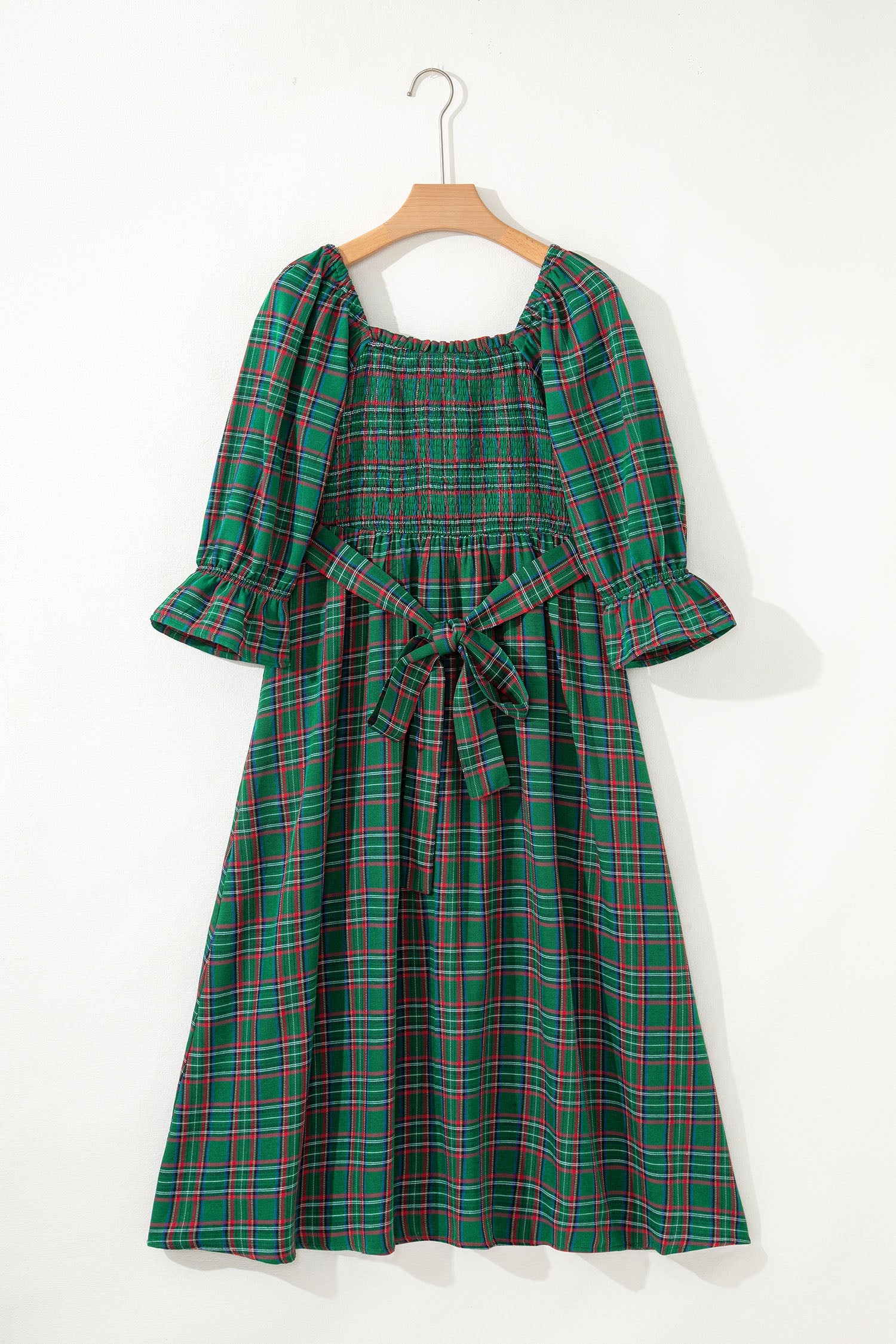 Tartan Plaid Square Neck Puff Sleeve Knot Waist Flared Midi Dress - eAura