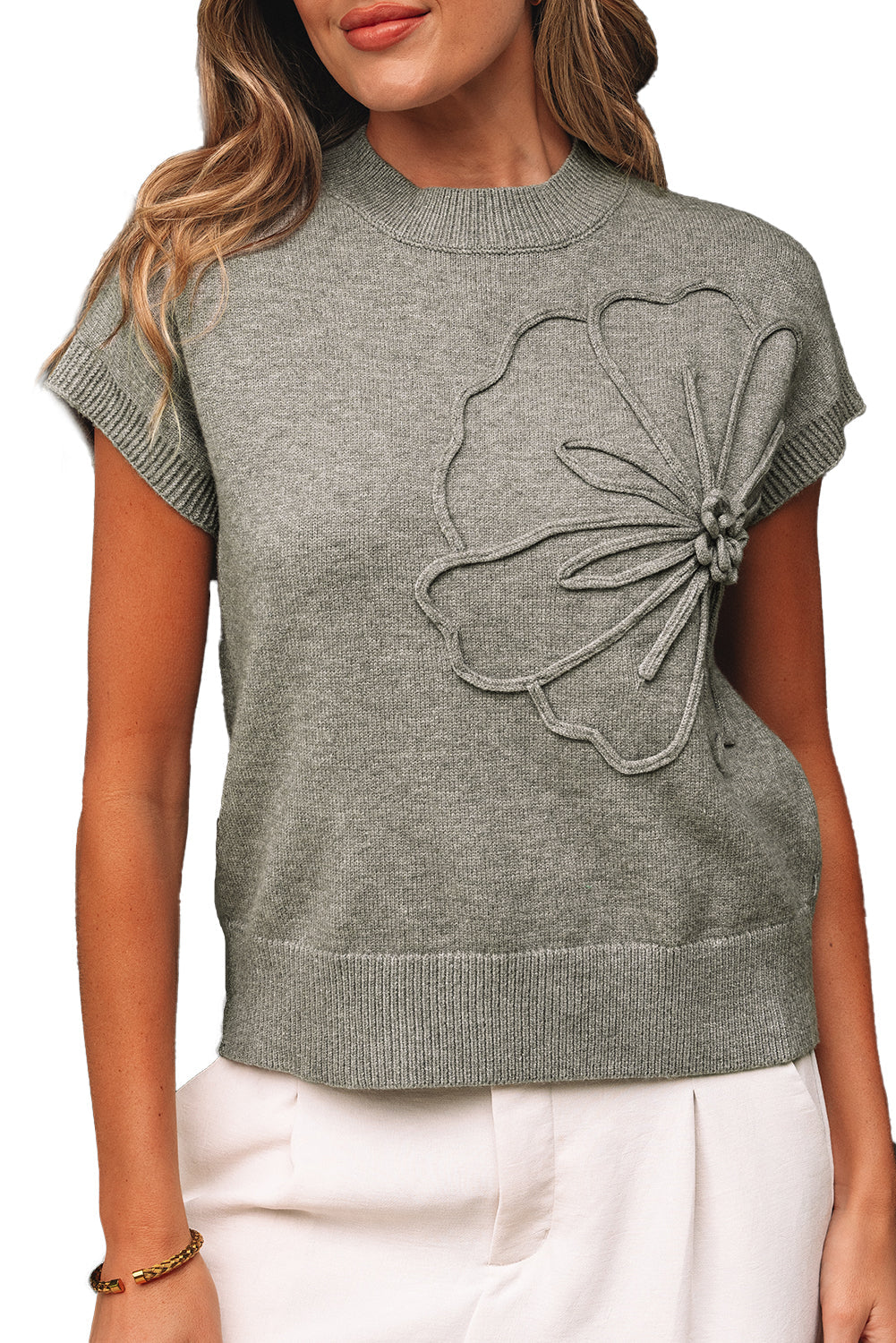 High Flower Pattern Ribbed Trim Short Sleeve Boxy Sweater eAura