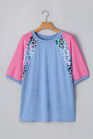 Sky Blue Leopard Print Patch Colorblock Plus Size T Shirt BB Fashion Outlet