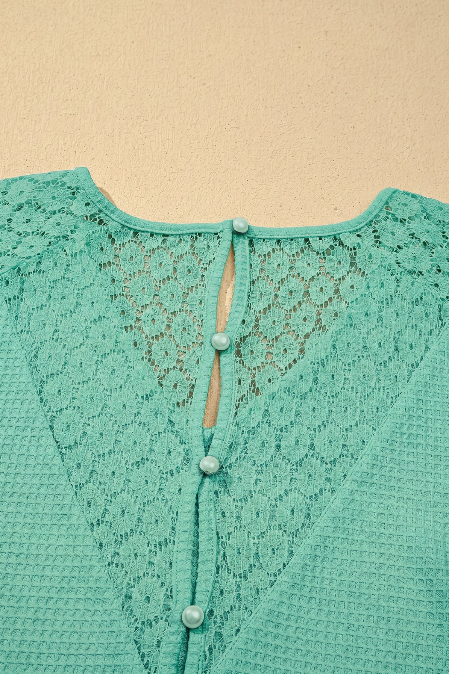 Pink Lace Splicing Button Cutout V Neck Waffle Knit Blouse