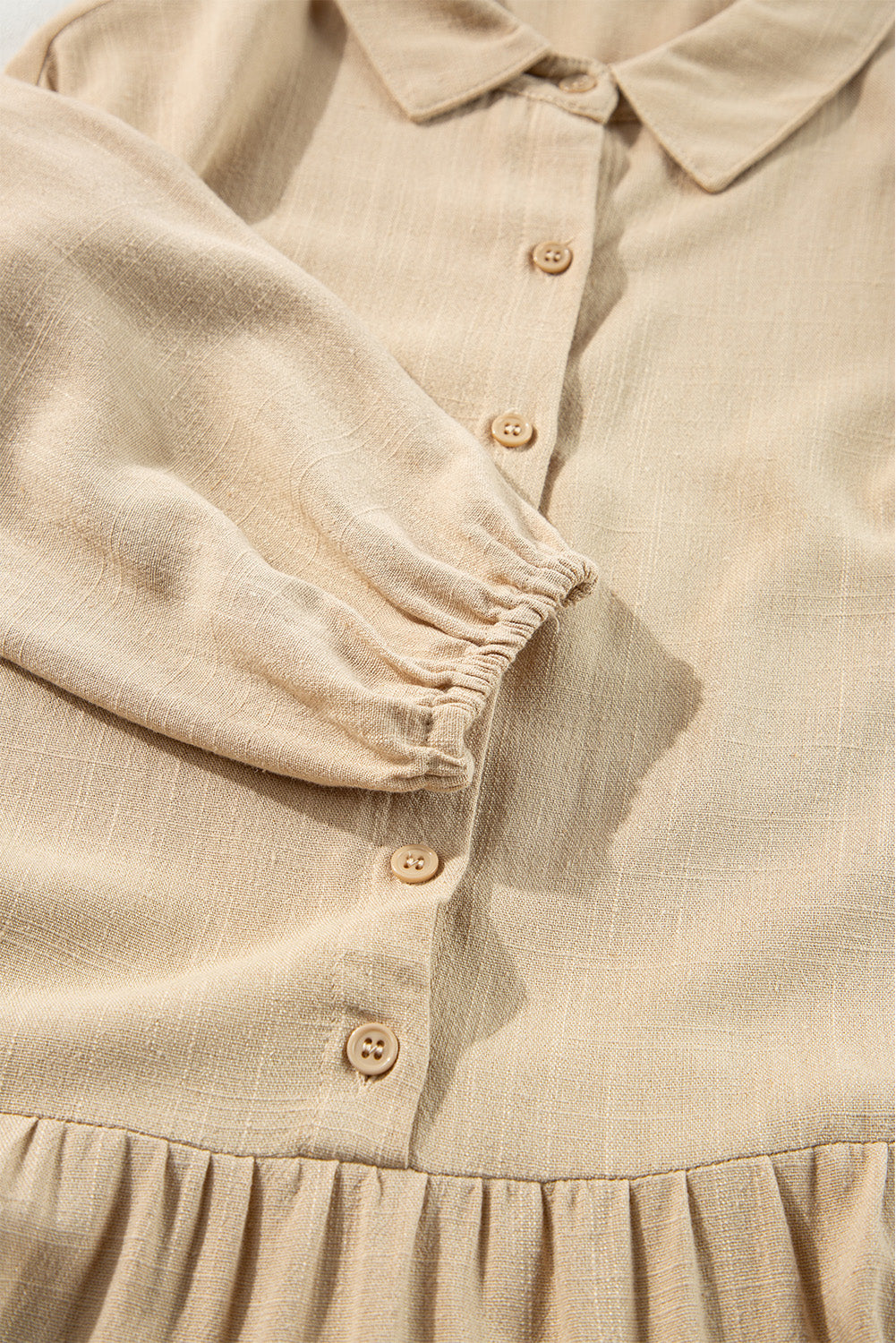 Tan Puff Sleeve Buttoned Tiered Pleated Shirt Mini Dress Beagle Boutique Fashion Outlet