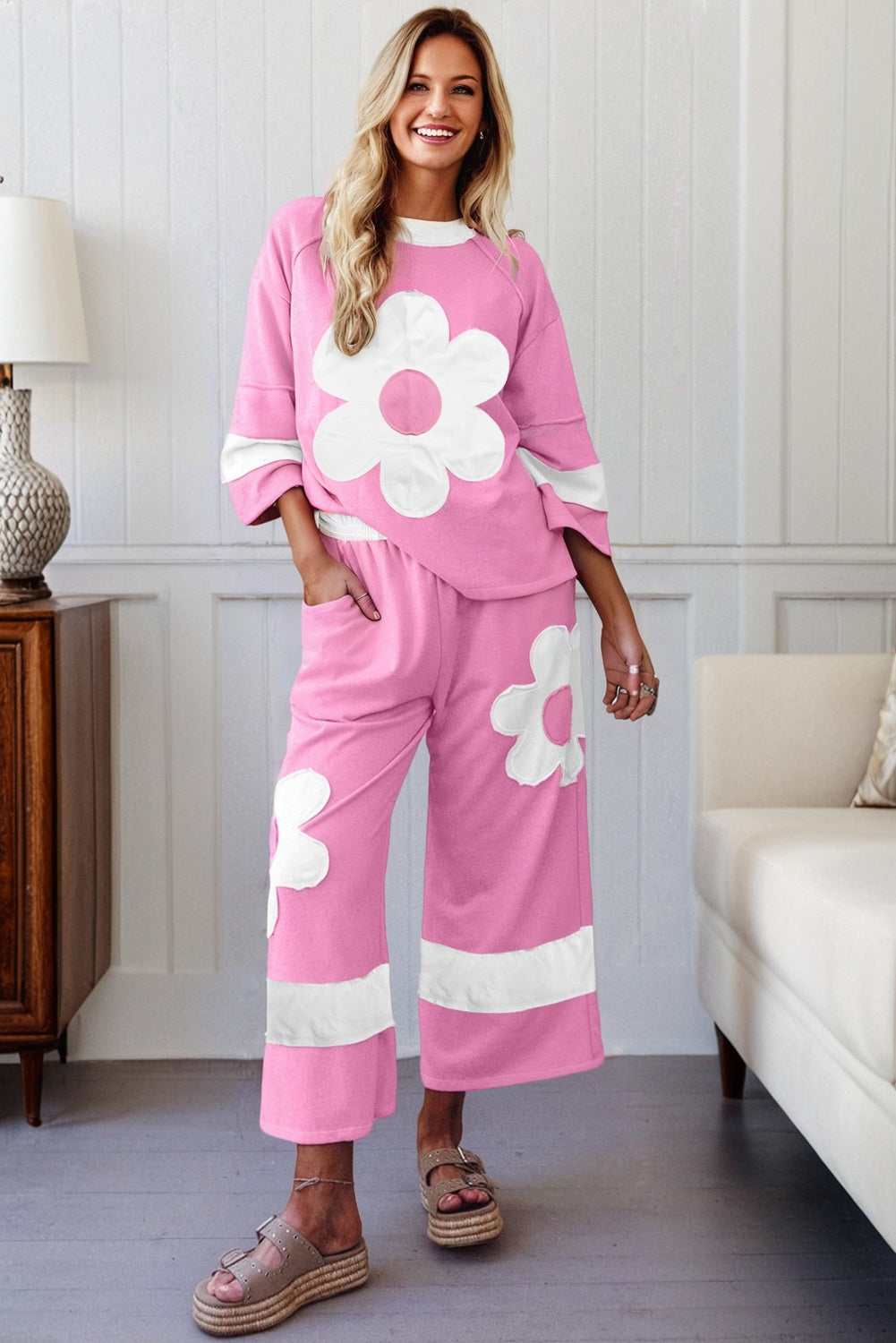 Orchid Bouquet Big Flower Patched Raw Seam Color Block 2 Piece Loose Pant Set Dear-Lover Dropshipping
