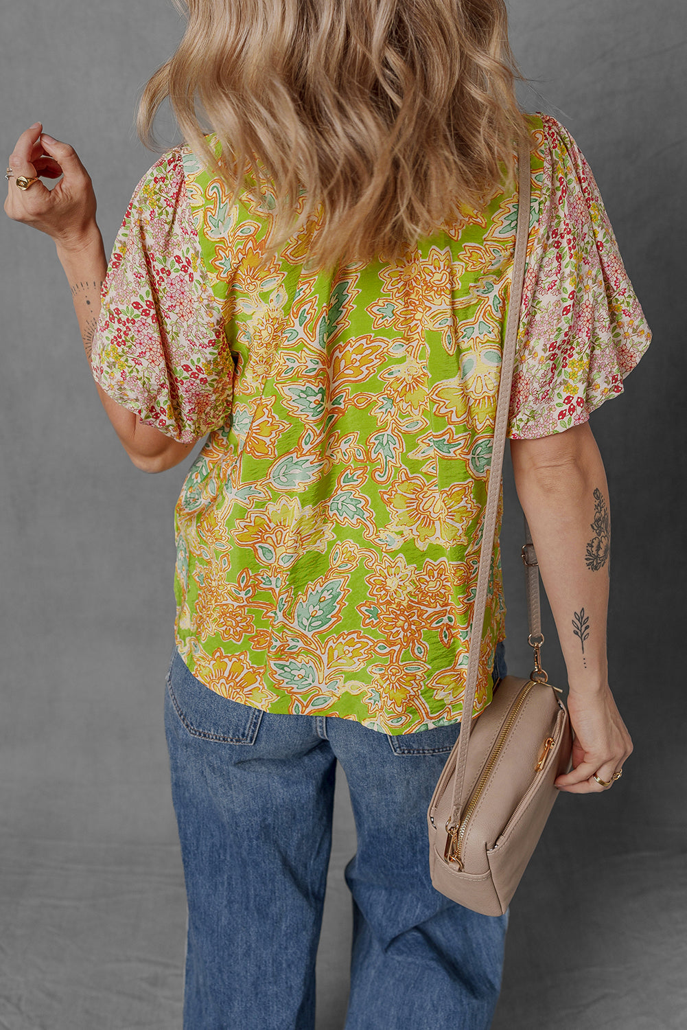 Paisley Print Contrast Bubble Sleeve Patchwork Blouse eAura