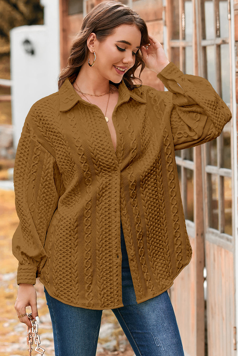 Cable Texture Puff Sleeve Loose Shacket - eAura