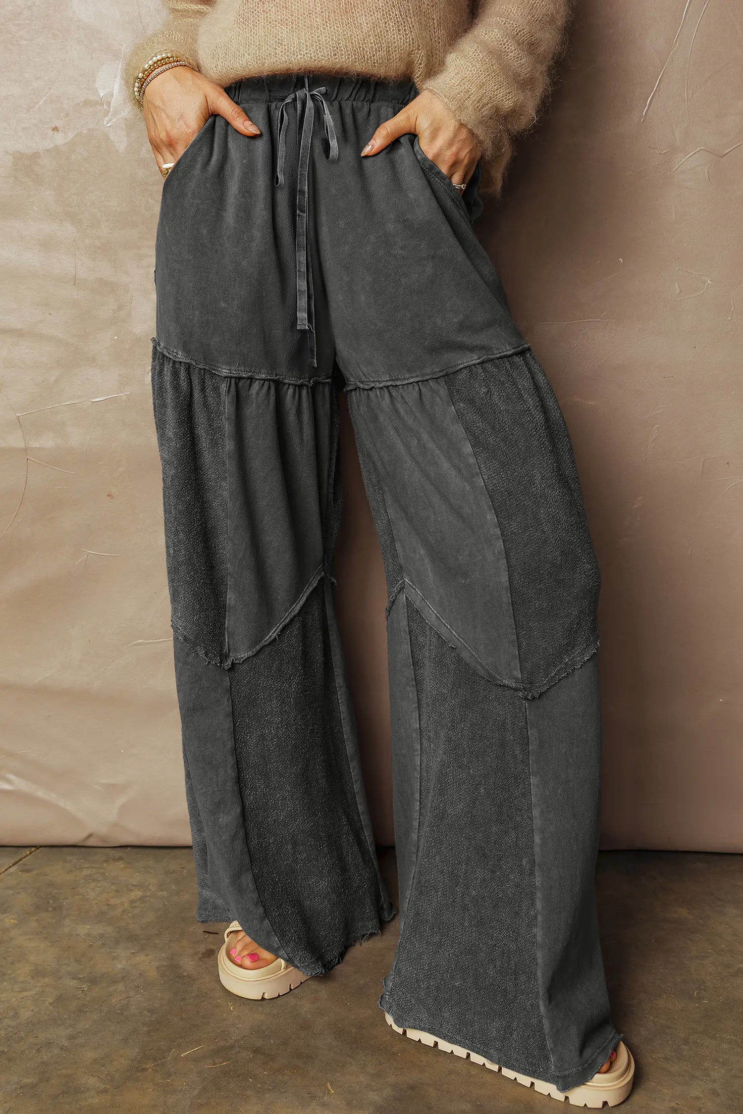 Vineyard Green Mineral Wash Tiered Wide Leg Patchwork Drawstring Pants