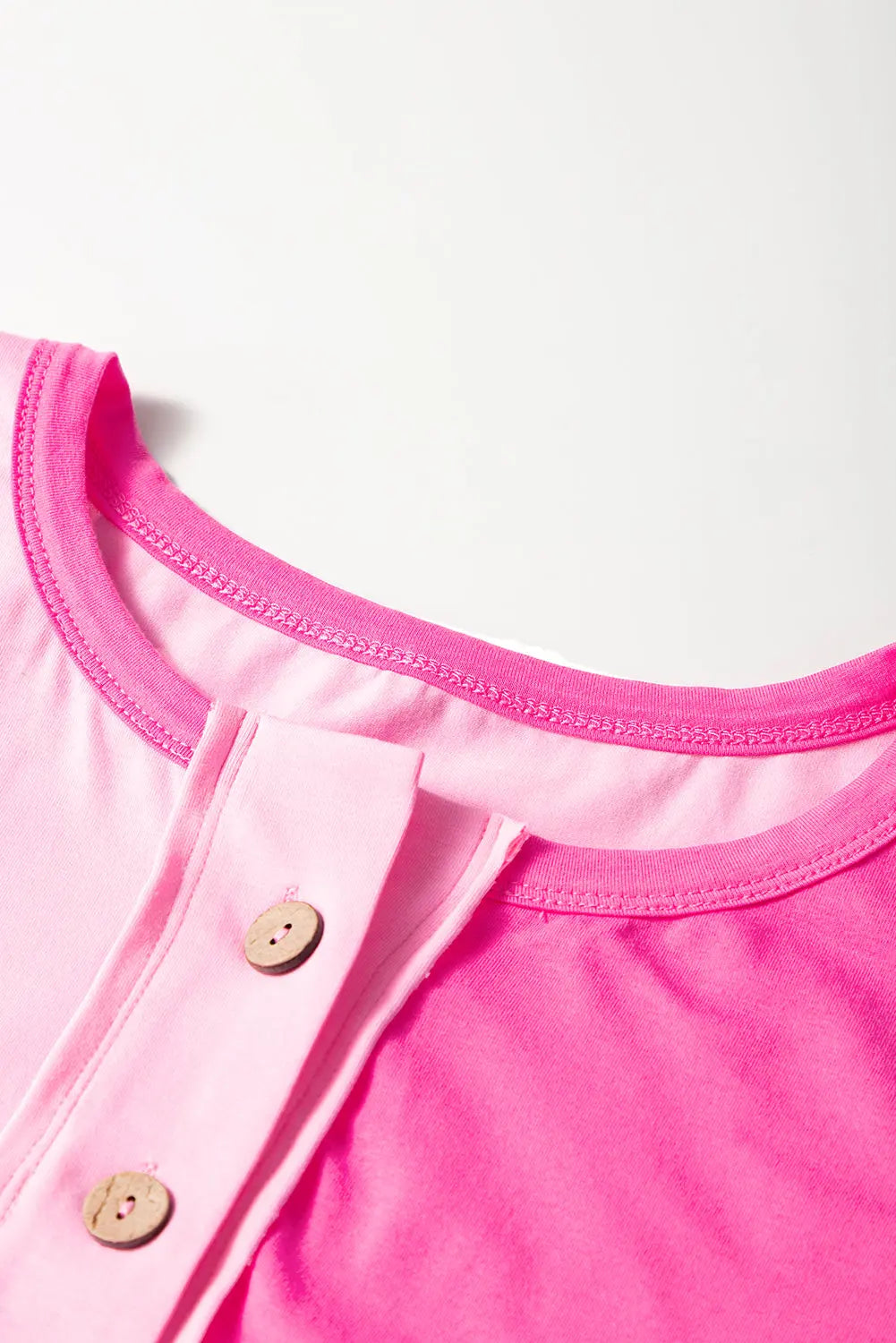 Bright Pink Colourblock Patchwork Short Sleeve Buttons Plus Size Henley Top - Size/Plus Tops/Plus Tops & Tees