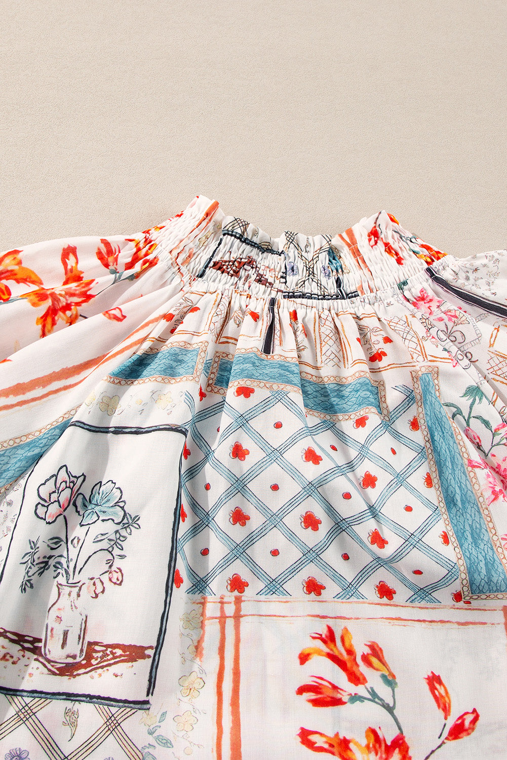 Multicolour Boho Floral Patched Ruffled Sleeve Tied Neck Blouse Beagle Boutique Fashion Outlet