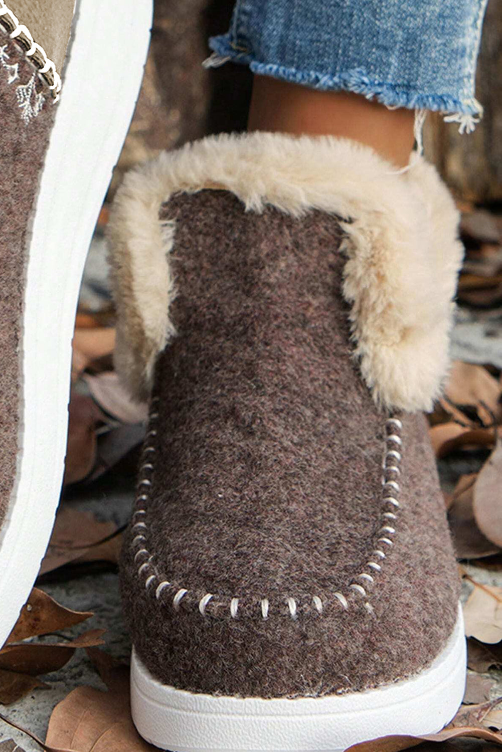 Beige Suede Stitching Patchwork Plush Lined Anklet Boots - eAura