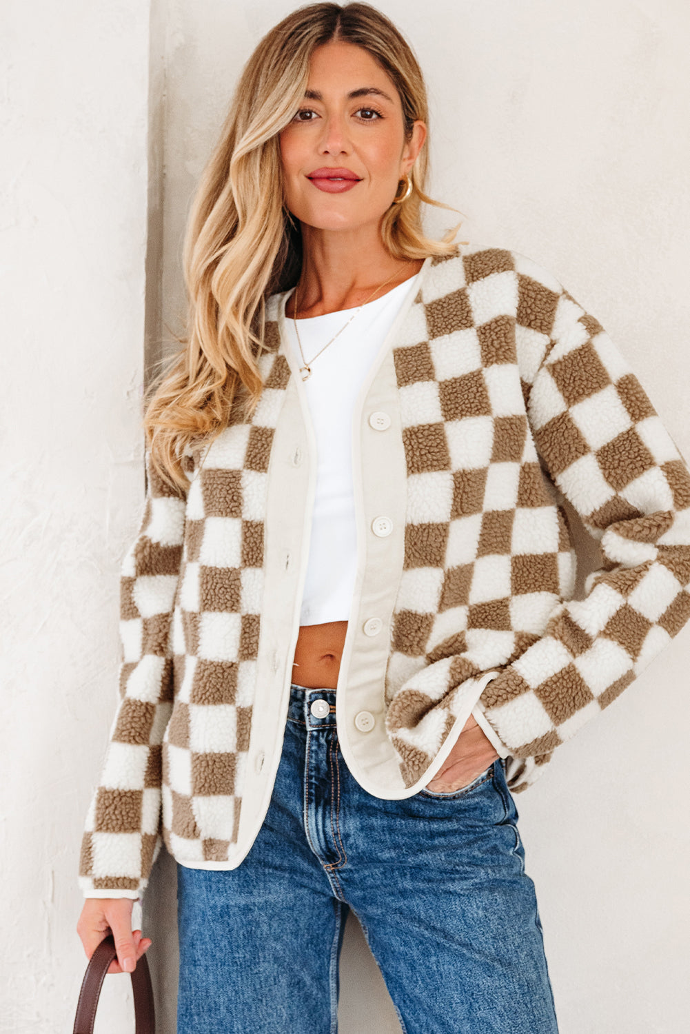 Brown Checkered Sherpa Buttoned Front Chunky Jacket - eAura