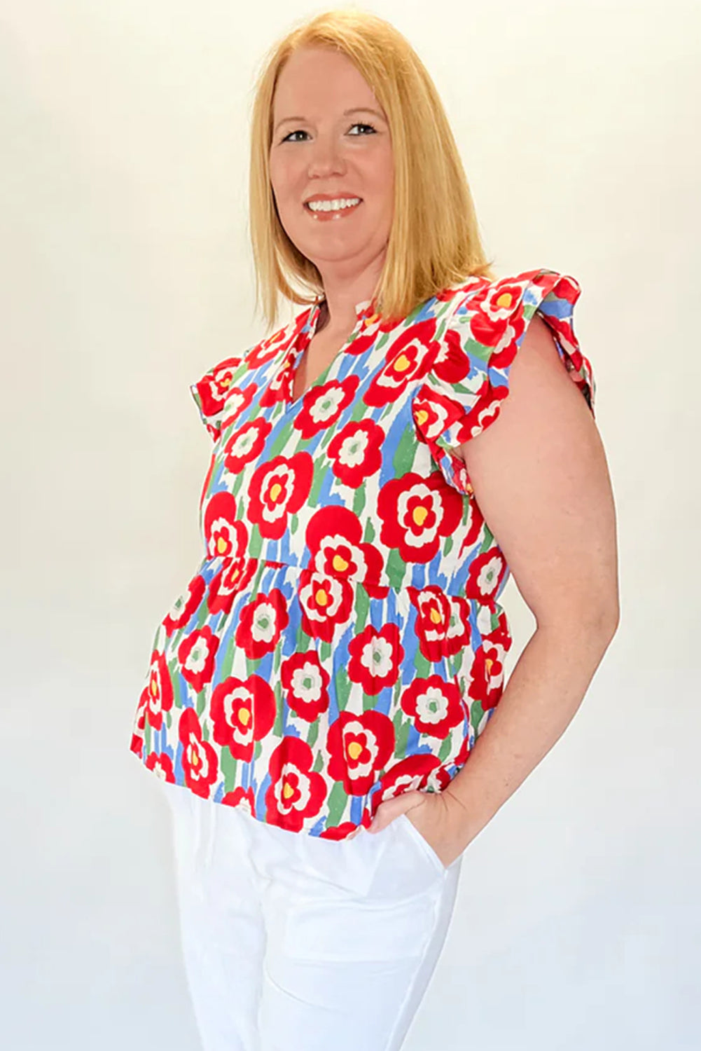 Red Plus Size Floral Print Ruffle Trim Split Neck Peplum Top BB Fashion Outlet