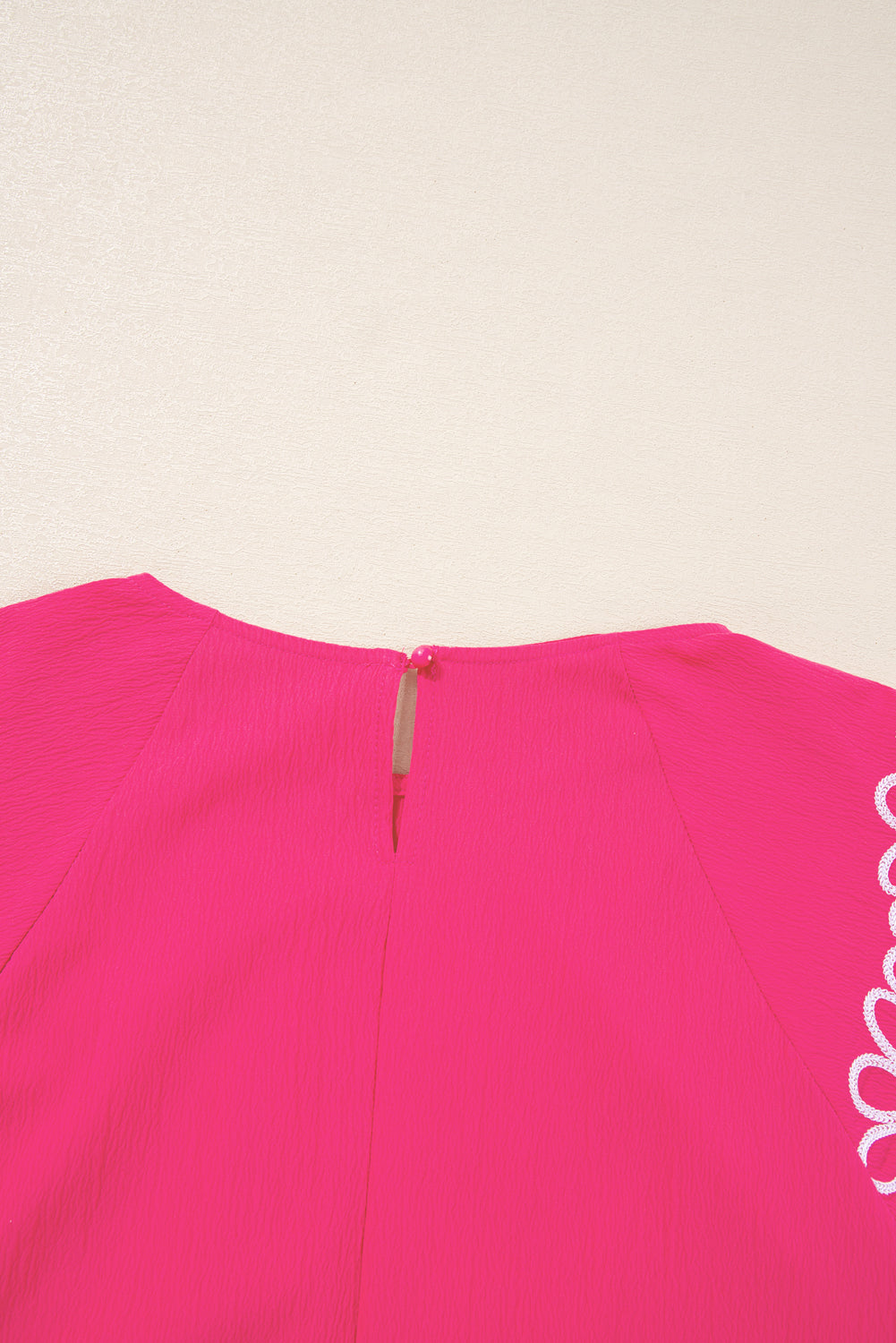 Strawberry Pink Floral Embroidered Flutter Sleeve Pleated O Neck Plus Size Blouse BB Fashion Outlet