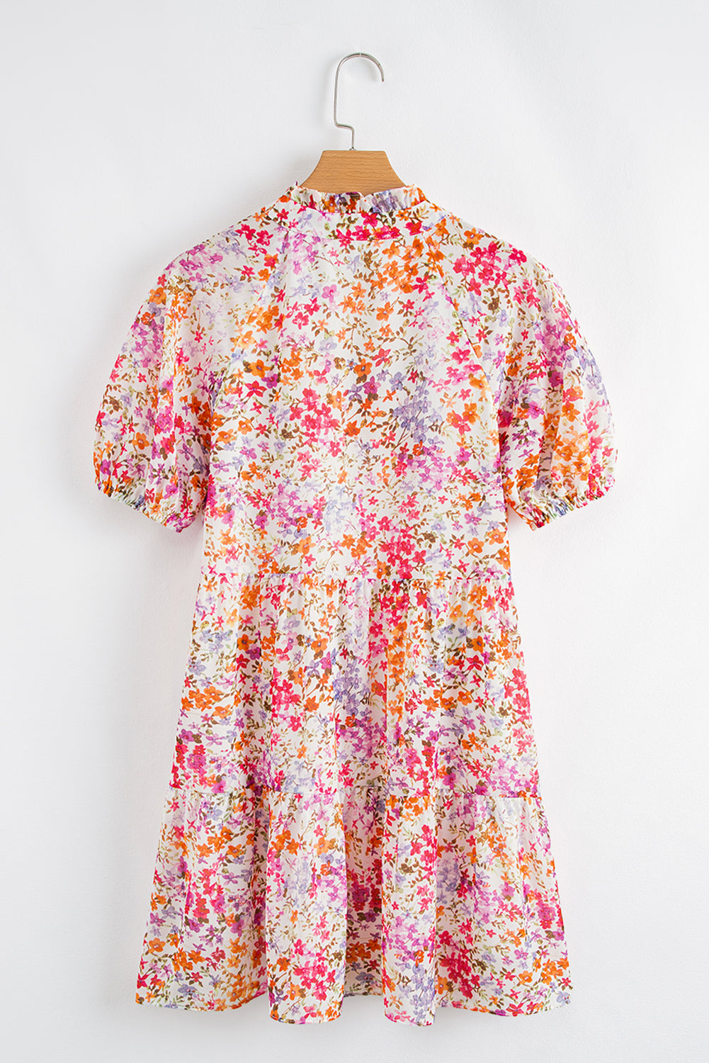 Red Floral Puff Sleeve V-Neck Tiered Mini Dress eAura