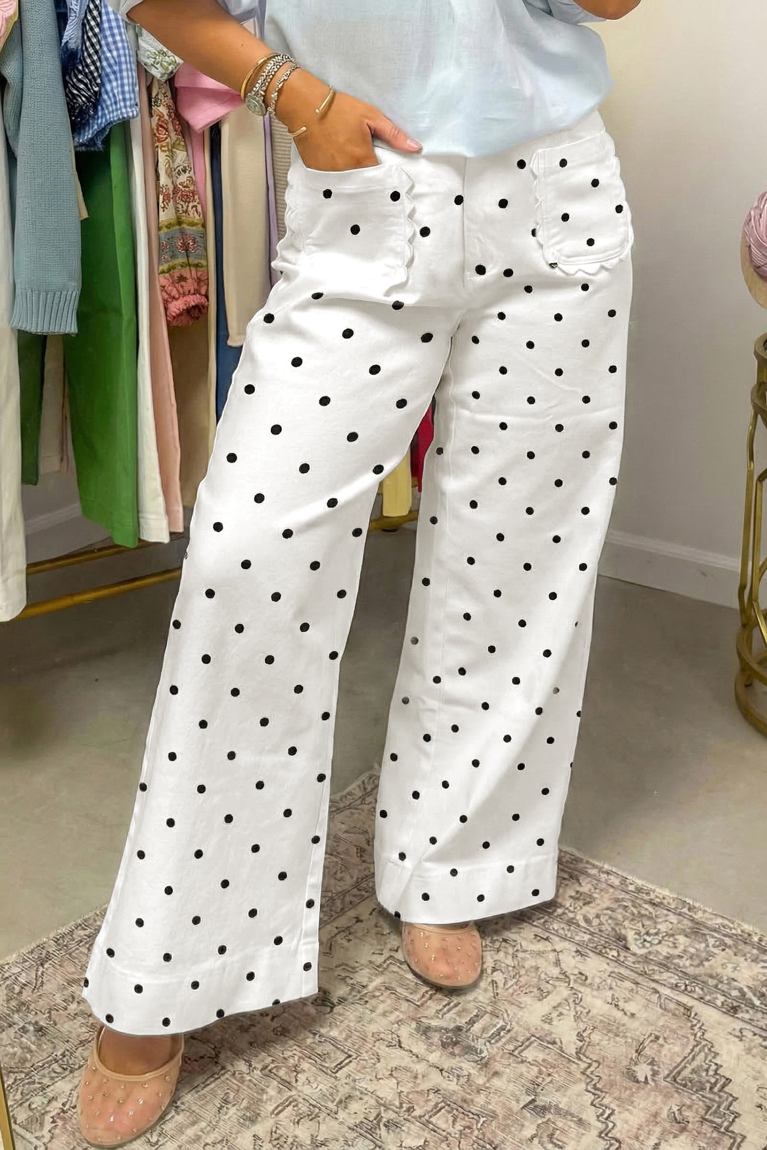 White Polka Dot Scalloped Pocket Cotton Shift Pants