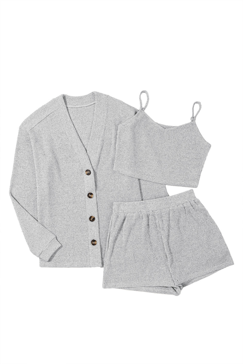 Light Grey 3 Pieces Rib Crop Camisole Matching Shorts Lounge Set with Cardigan eAura