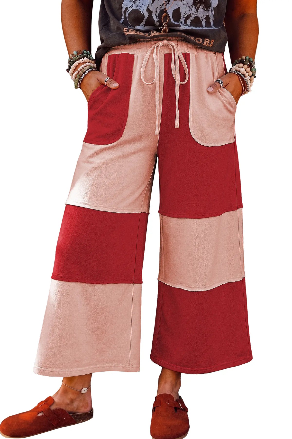 Raw Seam Colourblock Wide Leg Ankle Length Casual Pants – Fiery Red