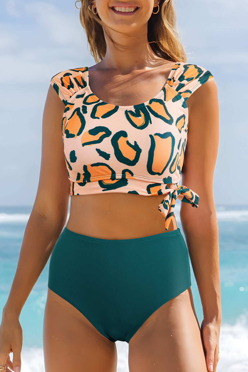Green Leopard Print U Neck Knotted High Waist Bikini Set eAura