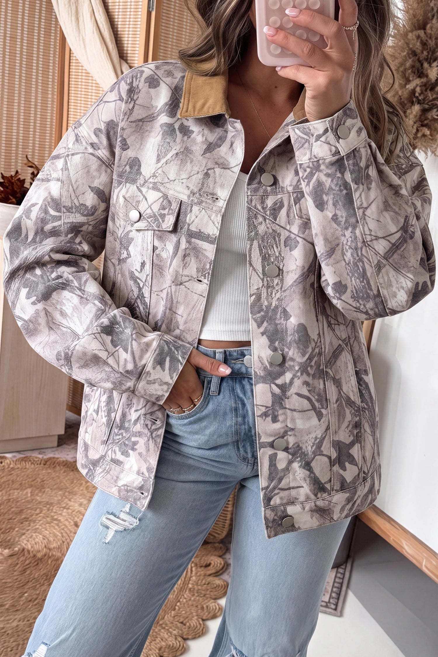 Abstract Camo Print Colorblock Collar Oversized Shift Silhouette Denim Jacket – Gray