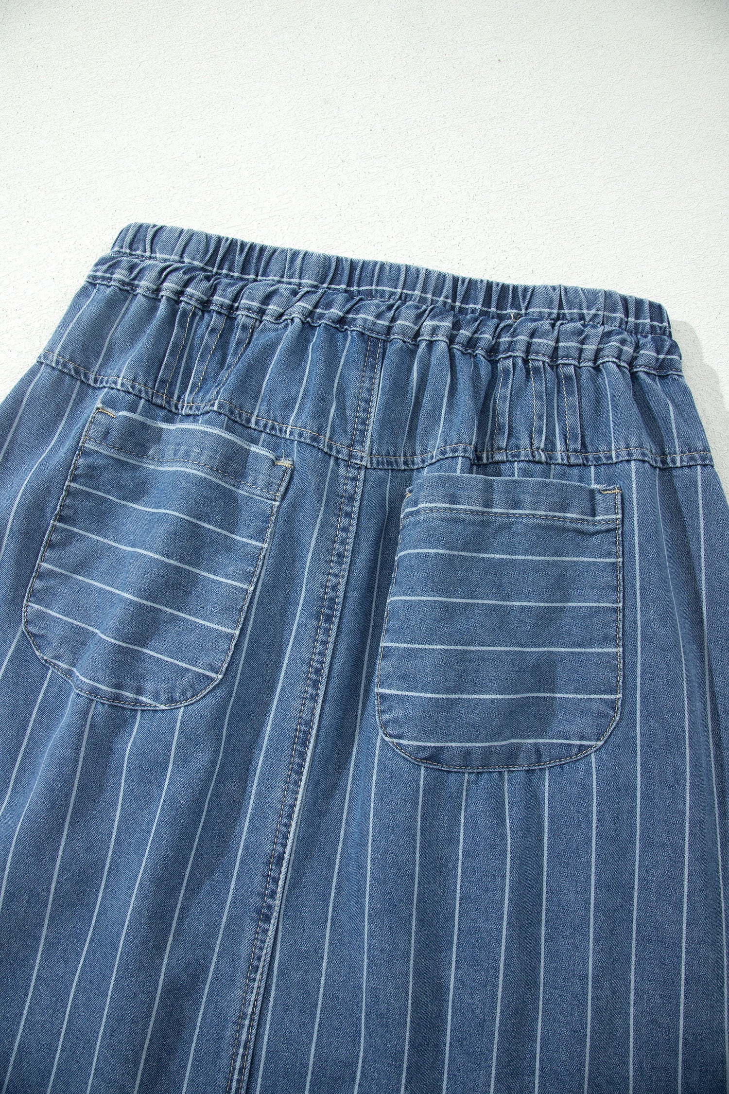 Sky Blue Stripe Pintuck High Waist Drawstring Denim Midi Skirt
