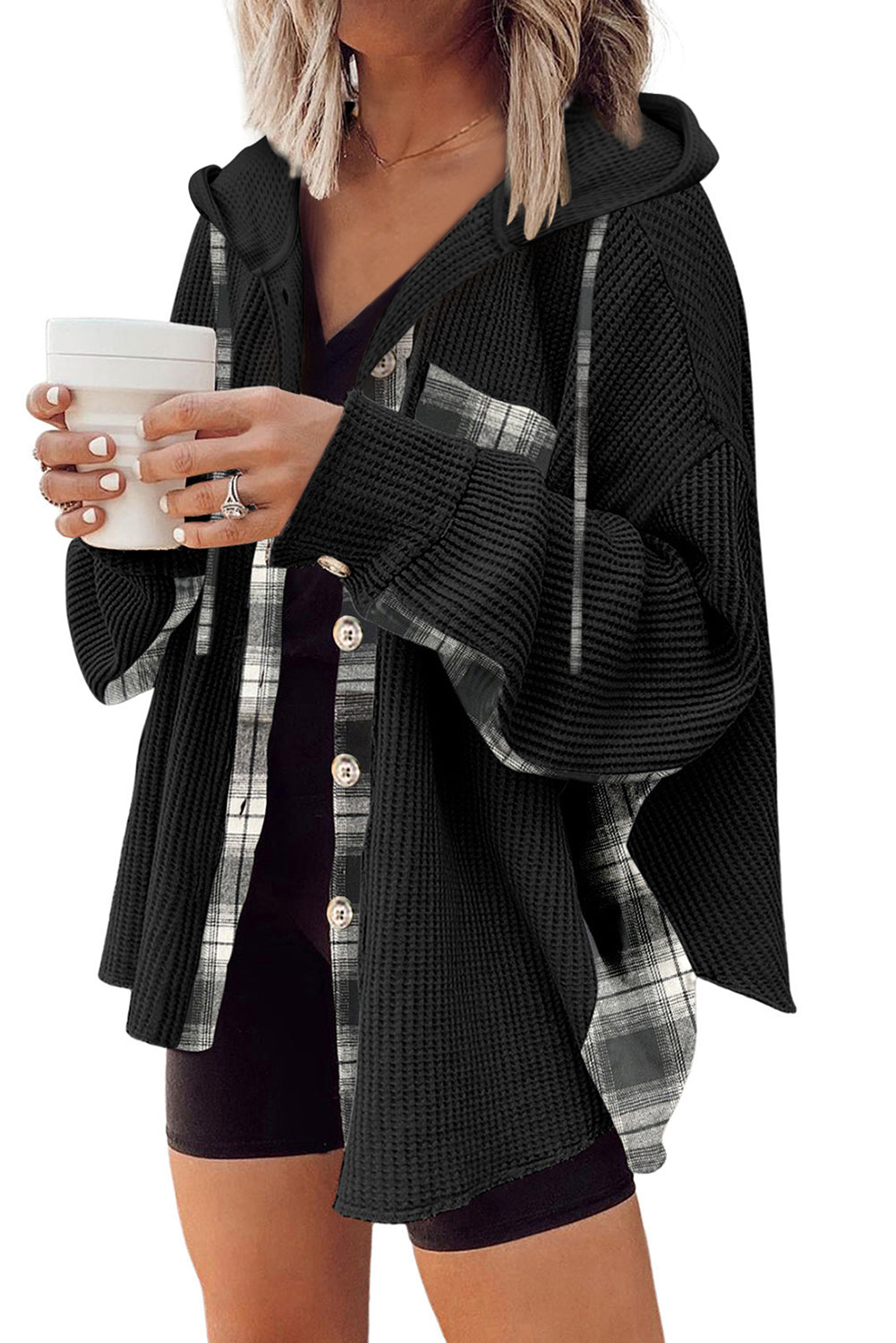 Black Waffle Knit Plaid Patchwork Drawstring Hooded Shacket eAura