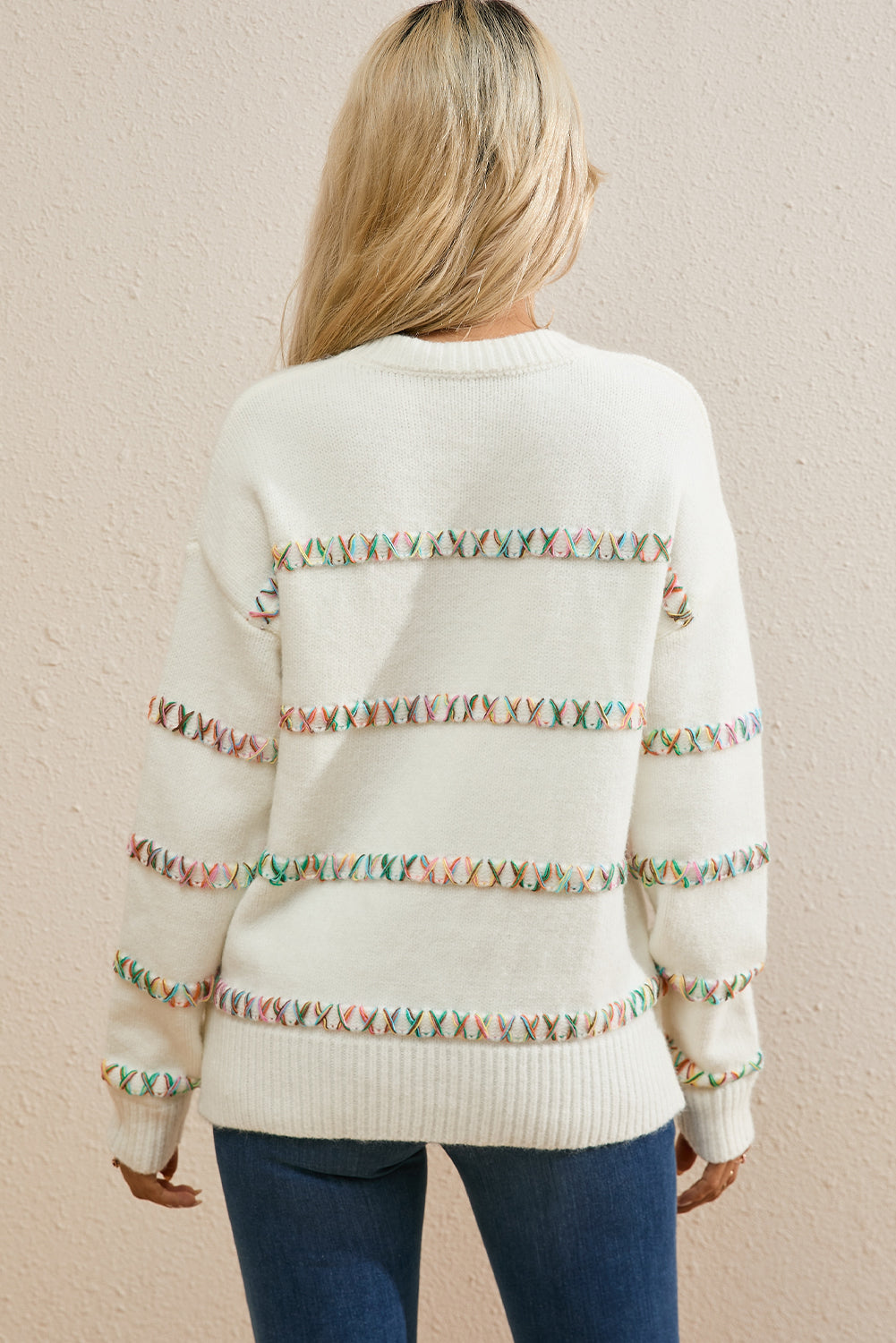 White Colourful Crossed Stitch Drop Shoulder Sweater eAura