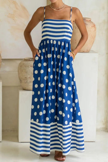 Striped Polka Dot Patchwork High Waist Spaghetti Straps Maxi Dress