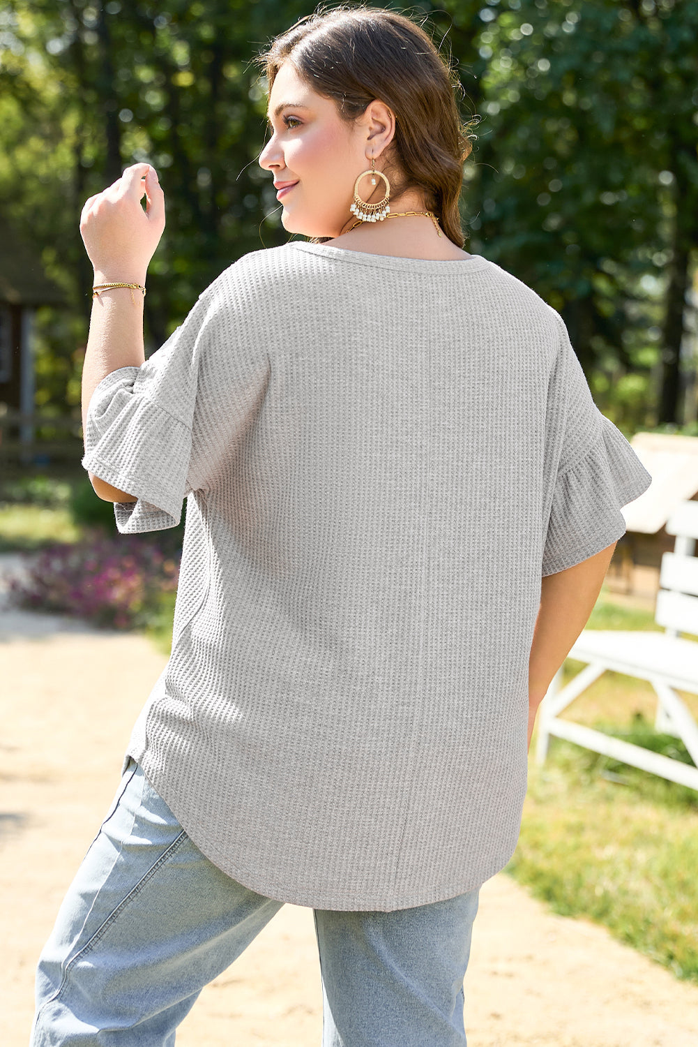 Light Grey Lace Insert Waffle Ruffle Short Sleeve Plus Size Top BB Fashion Outlet