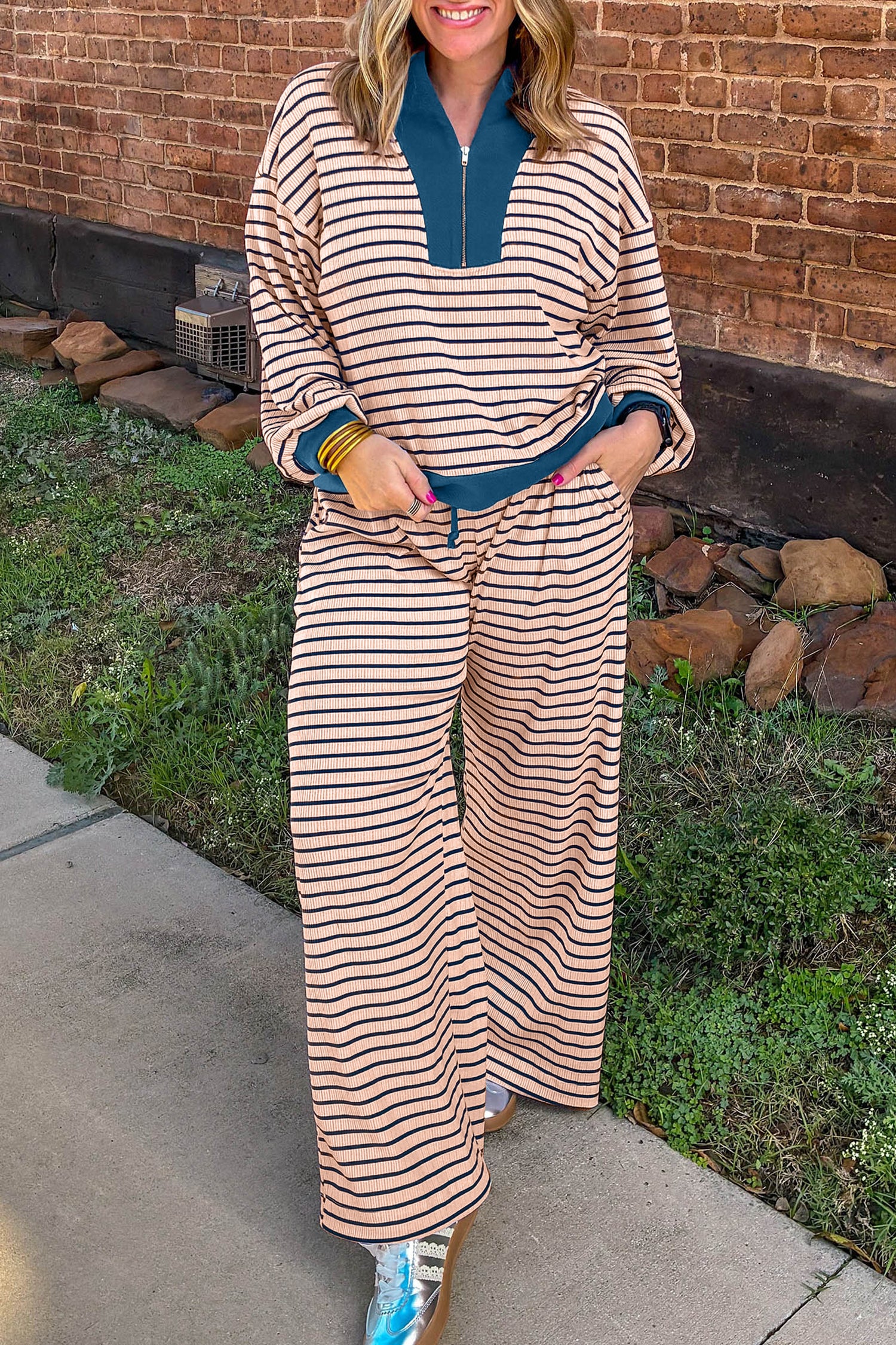Striped Colorblock V Neck Long Sleeve Plus Size Set – Pink Stripe