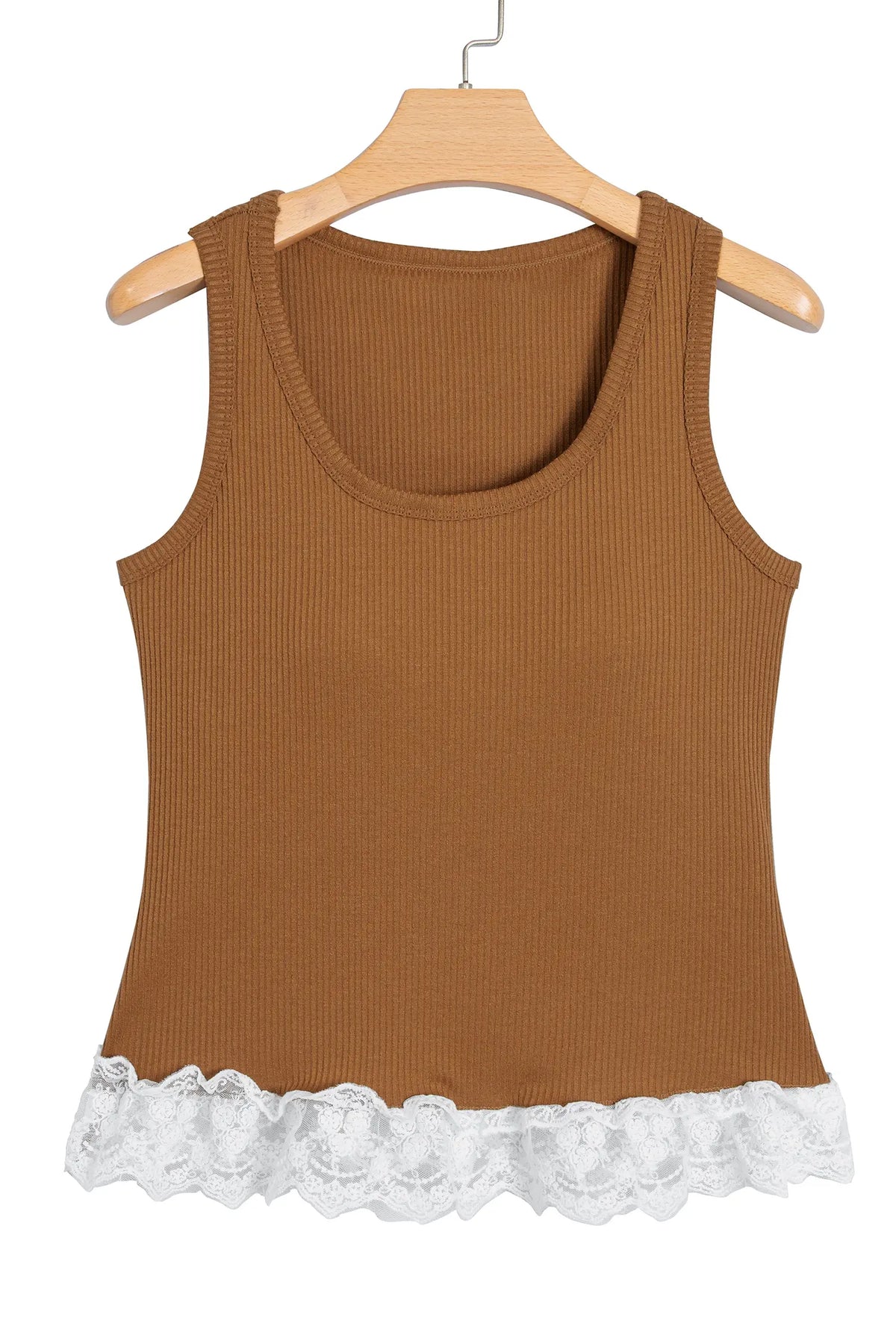 Ribbed Knit Sweet Lace Hem Vest – Beige