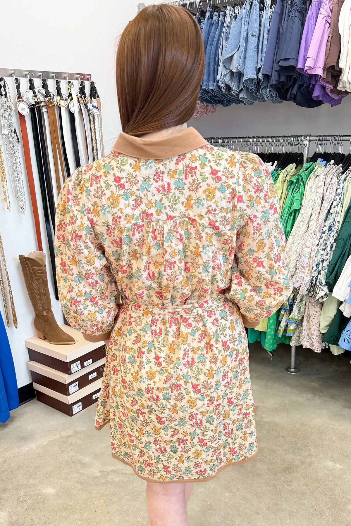 Floral Print Colour Block Trim Button Down 3/4 Sleeve Belted Mini Dress – Orange