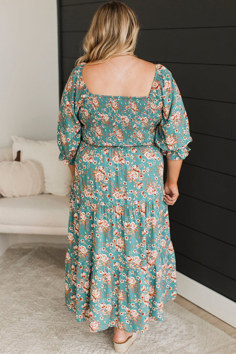 Green Plus Size Floral Print Square Neck Smocked Maxi Dress BB Fashion Outlet
