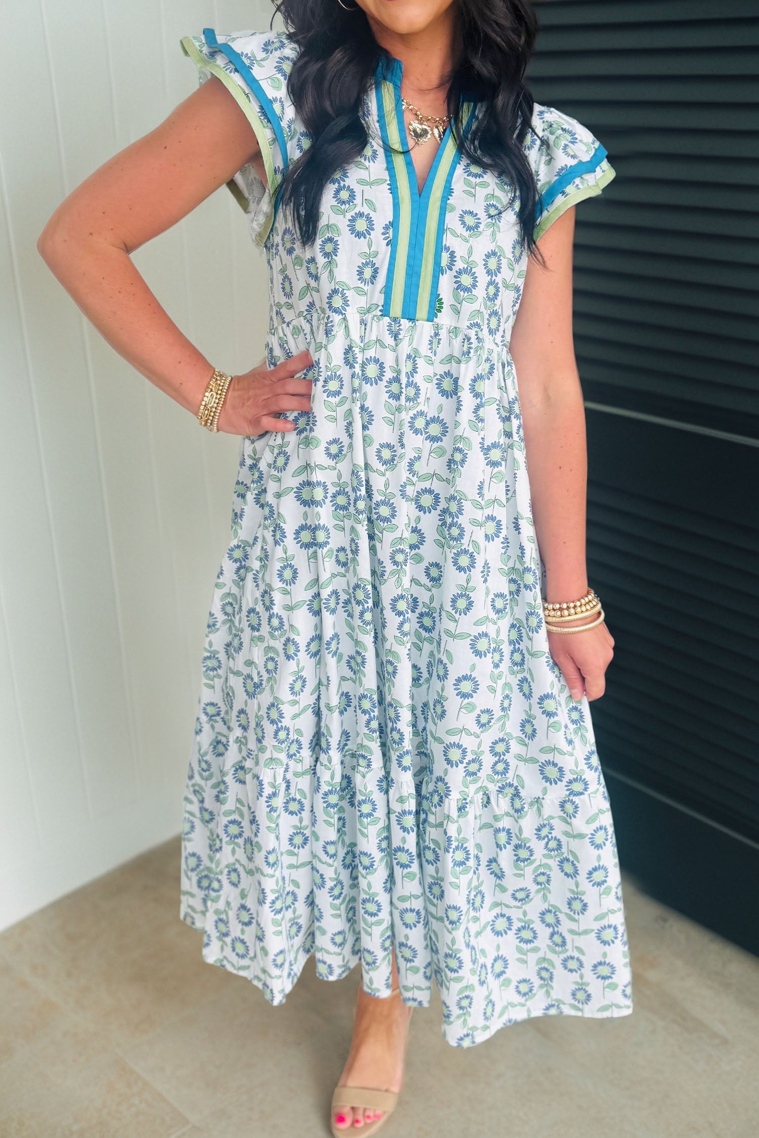 Sunflower Print Striped Patchwork Trim Flutter Sleeve Long Dress