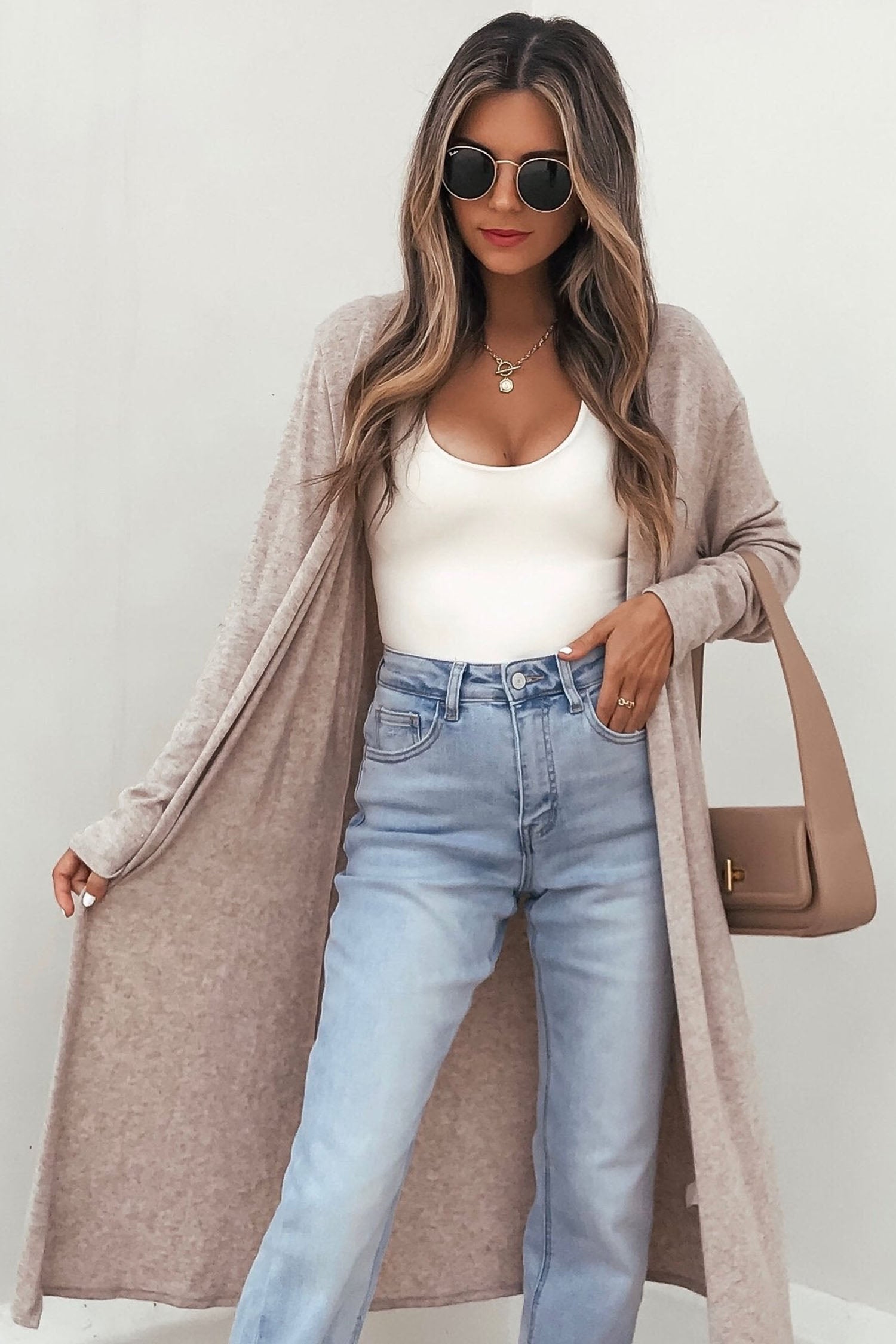 Solid Color Long Sleeve Casual Tunic Shift Cardigan – Parchment