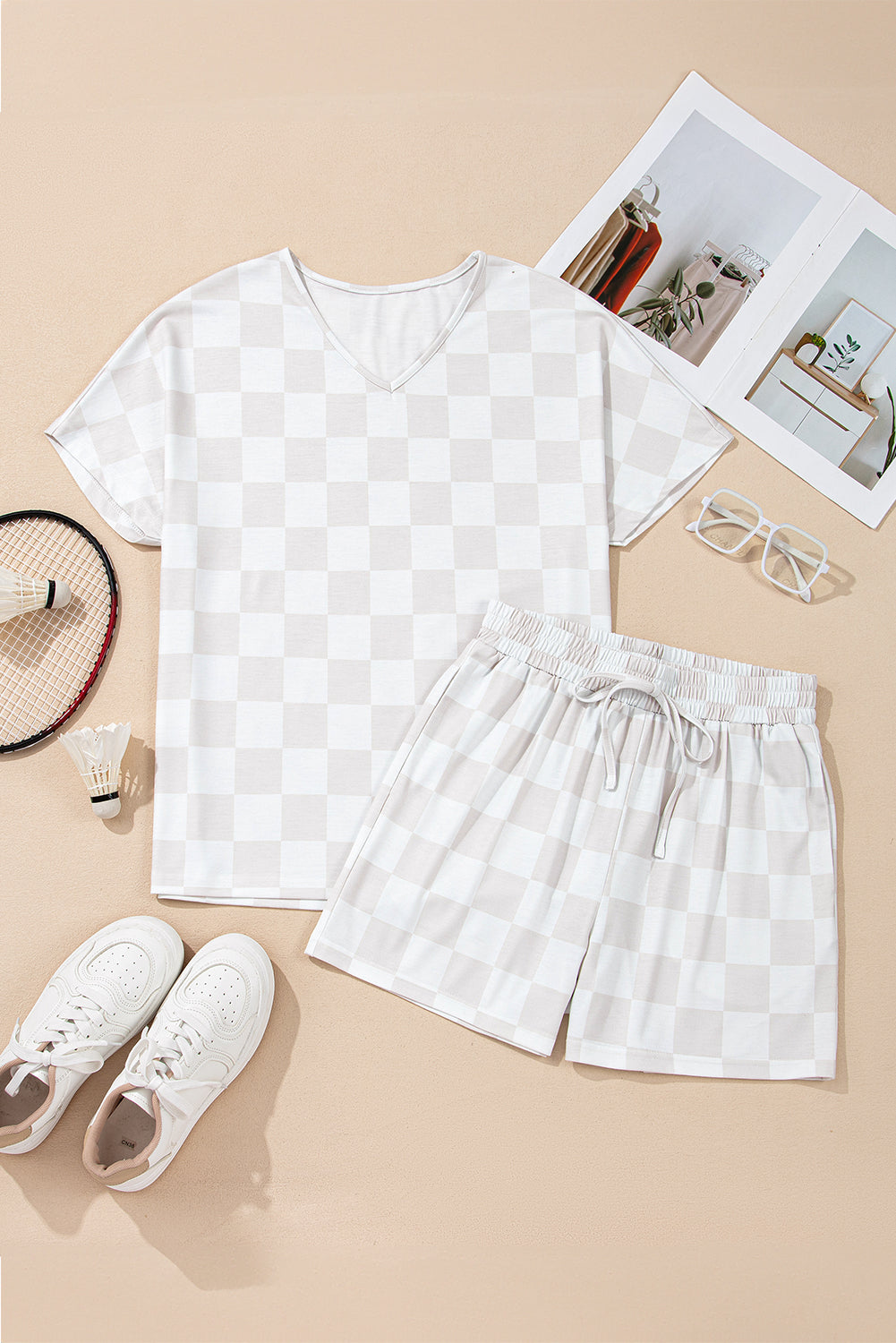 Beige Checkered V Neck Tee Drawstring Shorts Lounge Set eAura