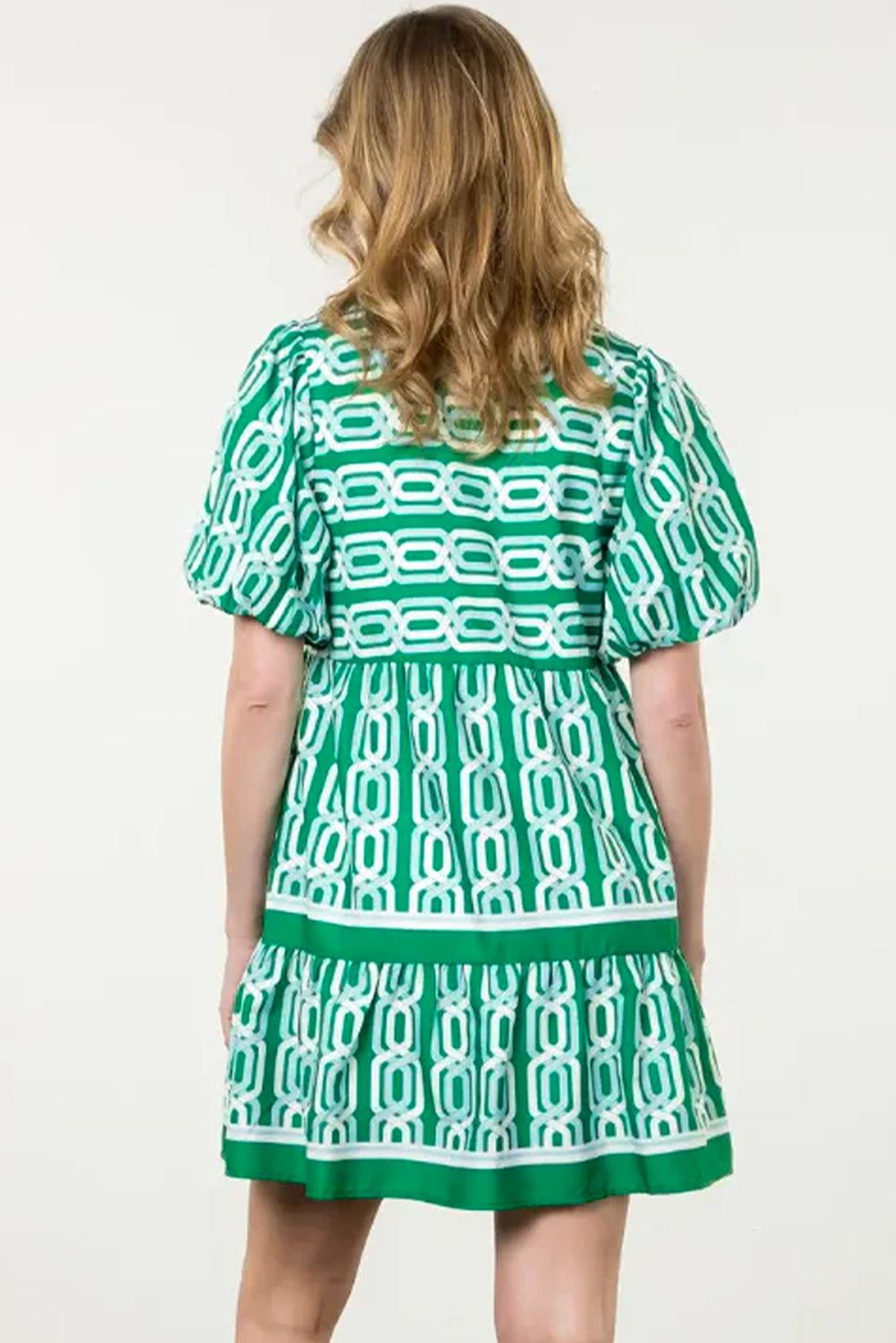 Bright Green Abstract Patterned V Neck Puff Short Sleeve Mini Dress eAura