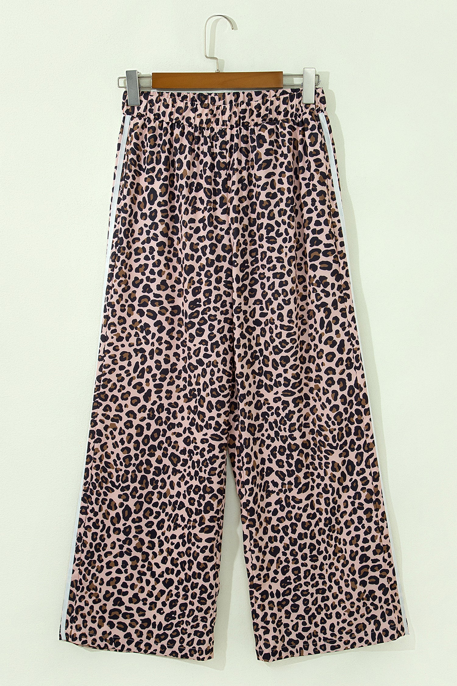Leopard Print Side Striped Detail Casual Wide Leg Pants – Beige