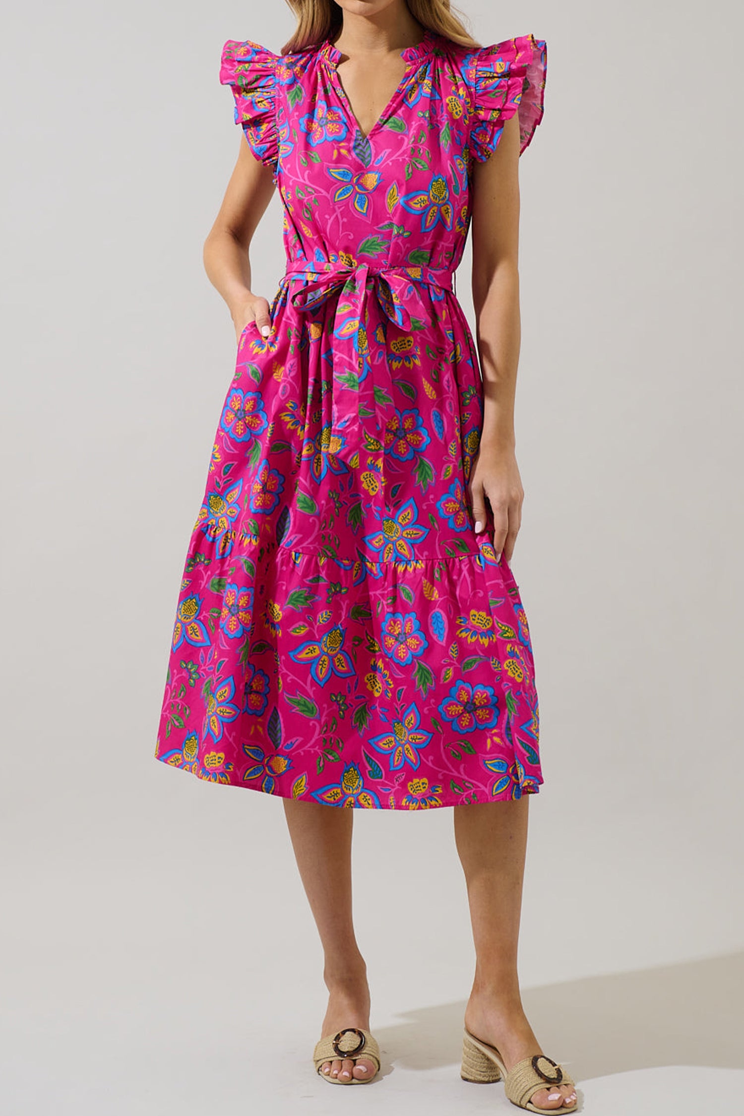 Flutter Sleeve Belted Floral Long Dress