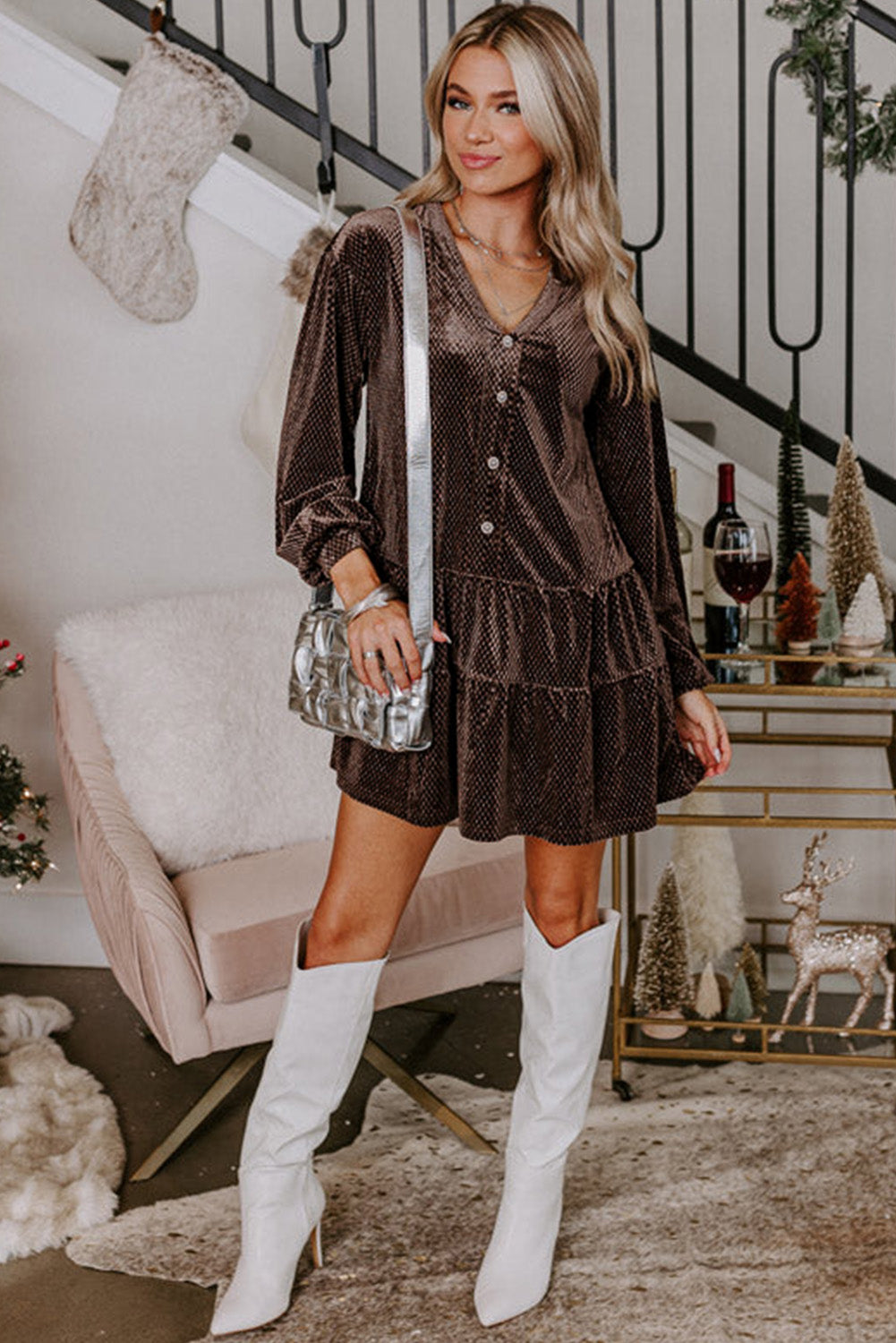 Dark Brown Textured Velvet V Neck Shift Dress eAura