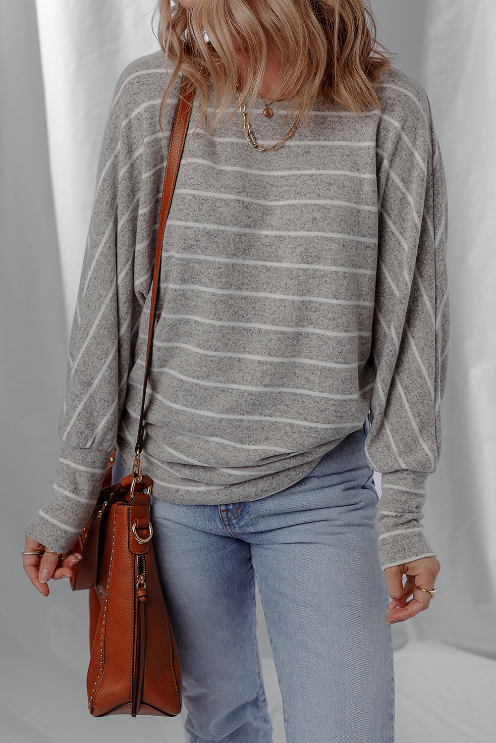 Grey Stripe Dolman Sleeve Drop Shoulder Top - eAura