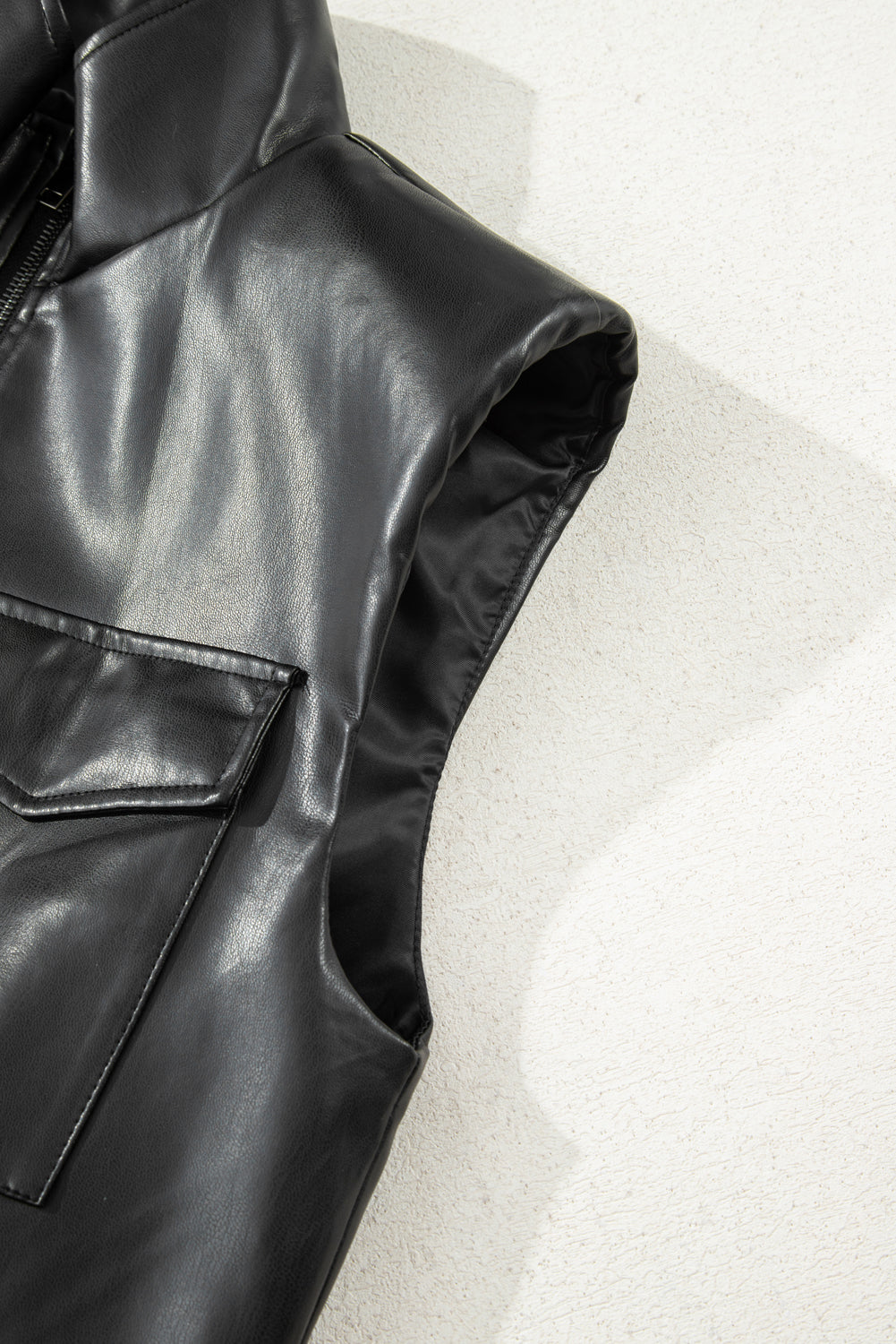 Black Double Flap Pocket Faux Leather Zip Up Stand Neck Vest eAura