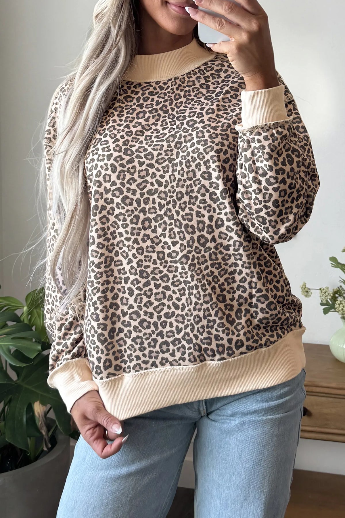 Leopard Print High Neck Long Sleeve Ribbed Cuffs Hem Sweatshirt – Multicolour