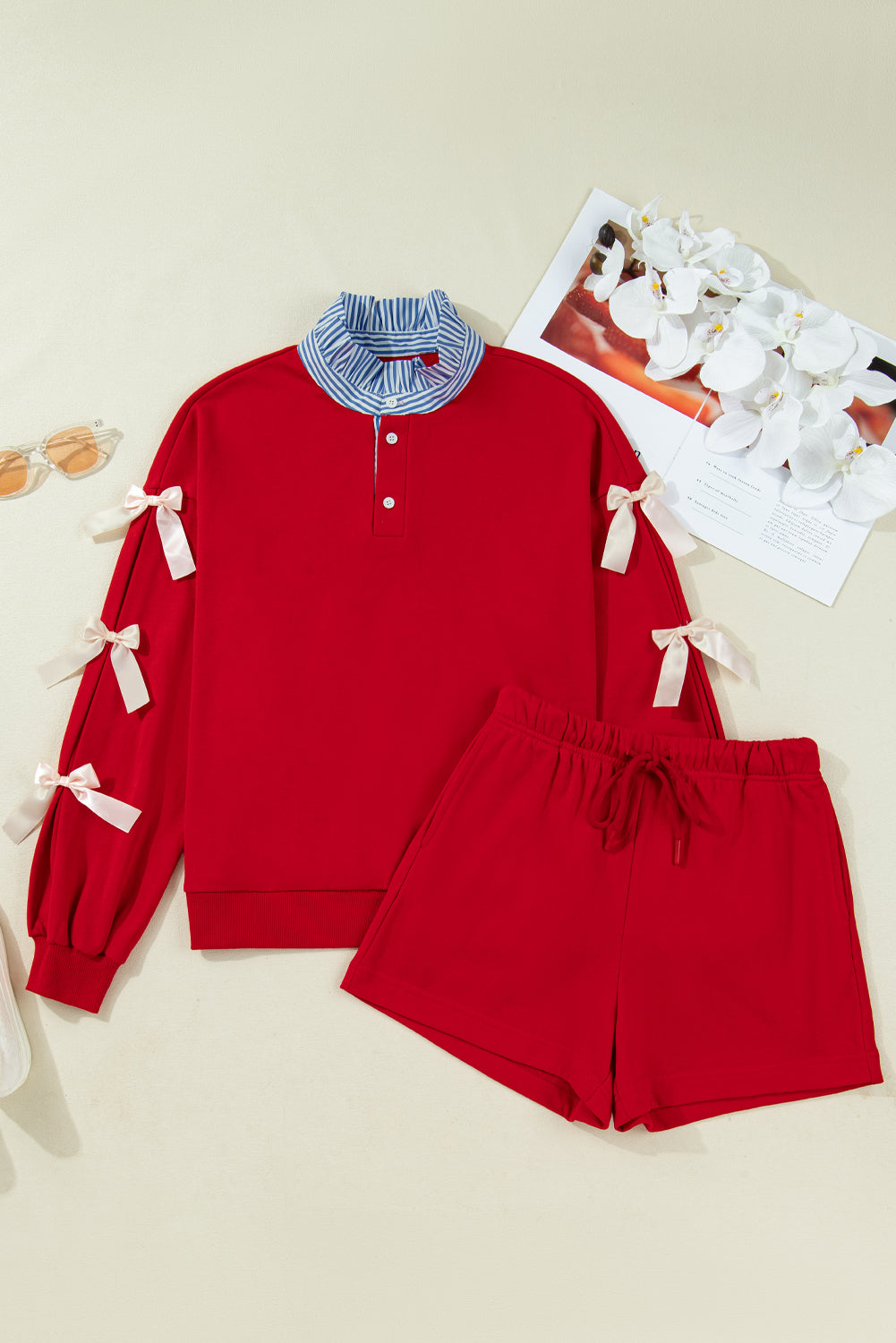 Striped Collar Bow Sweatshirt and Shorts Co-ord Set - eAura