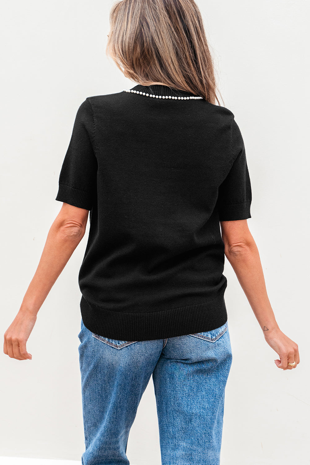 Black Pearl Bow Necklace Embellished Short Sleeve Knitted T Shirt eAura
